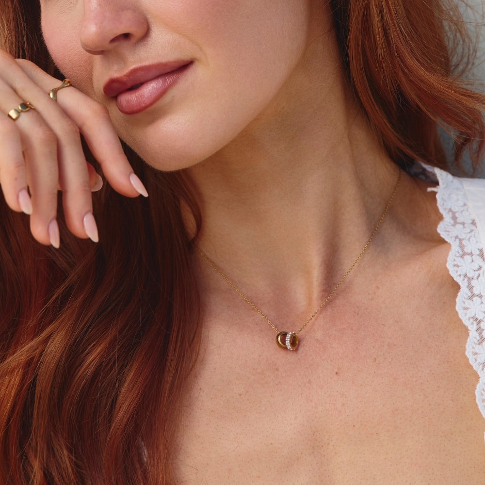 Twin Gold & Crystal Ring Pendant Necklace