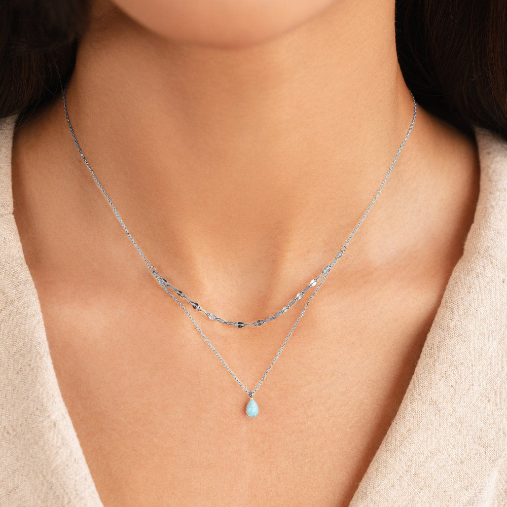 Silver Blue Opal Teardrop Layered Necklace