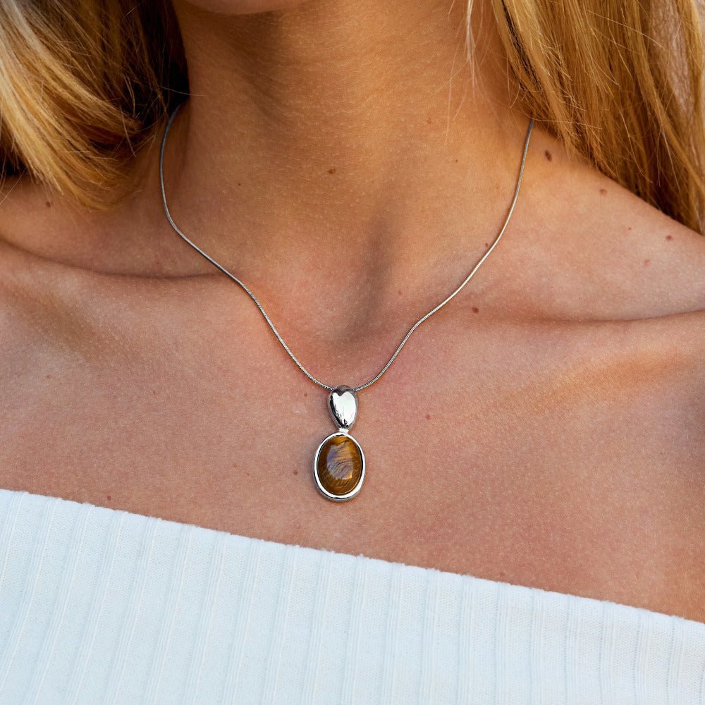 Silver Tiger Eye Stone Long Necklace - Beautiful Earth Boutique